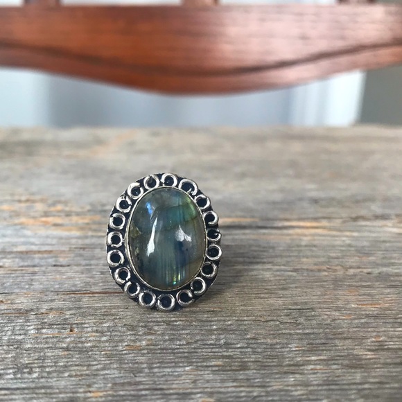 Sterling silver plated labradorite cocktail ring oval scrollwork boho jewelry - Picture 5 of 12